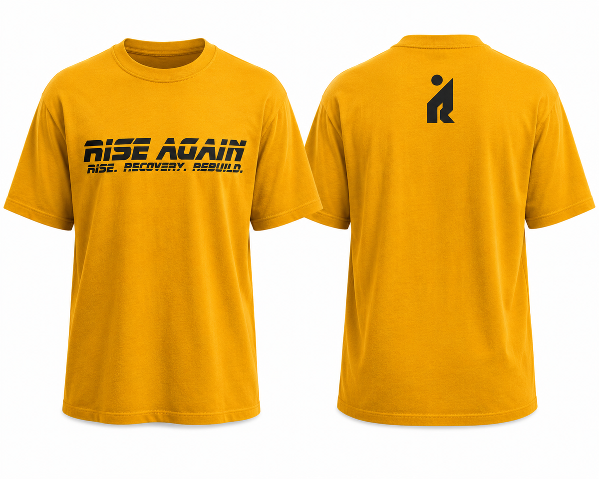 Rise Again Performance Tee – Gold | Rise. Recovery. Rebuild.